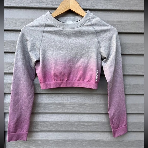 Gymshark Crop Top Long sleeve Ombré Gray Pink Back Scrunch - Picture 2 of 5